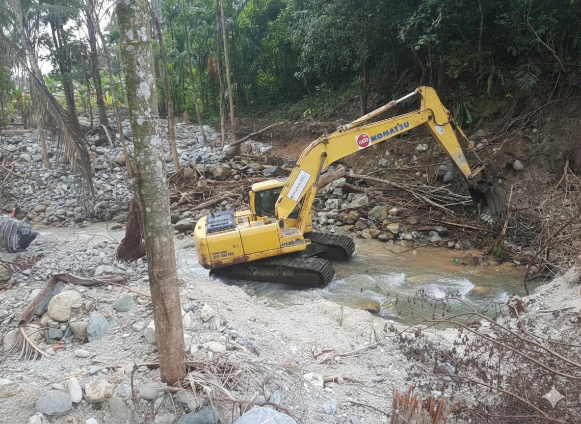 Excavator ADHI sedang melakukan normalisasi sungai Sumbar di area terdampak banjir untuk mempercepat pemulihan infrastruktur.