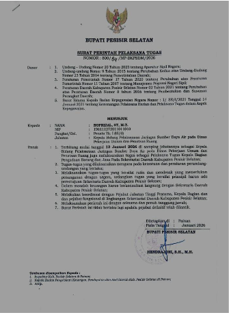 Surat perintah penunjukan Plt Kabag PBJ Pesisir Selatan yang ditandatangani Bupati Pesisir Selatan