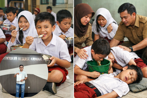 Ilustrasi siswa SD makan Program Makan Bergizi Gratis dan dampak pengelolaan dapur yang tidak transparan