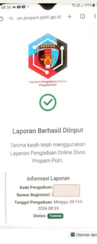 Screenshot laporan online ke Propam Polri terkait dugaan intimidasi pelapor