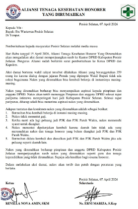 Surat pemberitahuan aksi damai tenaga kesehatan dirumahkan di Pesisir Selatan