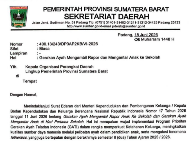 Surat edaran Gerakan Ayah Sumbar tentang pengambilan rapor dan mengantar anak ke sekolah
