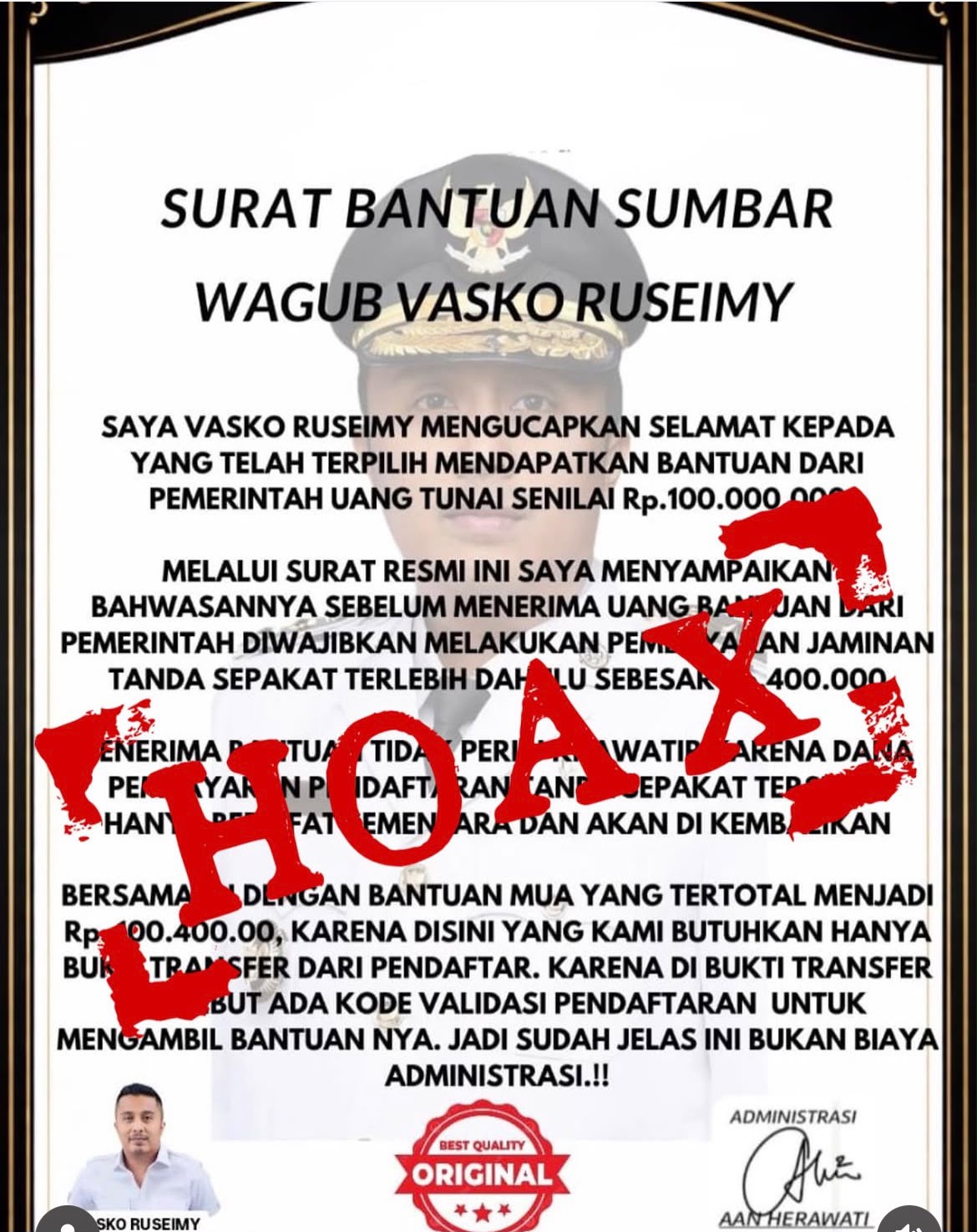 Wakil Gubernur Sumbar Vasko Ruseimy menyampaikan imbauan terkait penipuan yang mencatut namanya dengan teknologi AI.