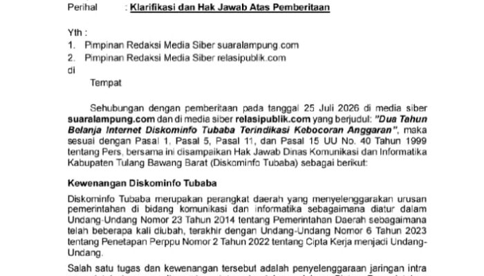 Diskominfo Sampaikan Hak Jawab Atas Berita “Dua Tahun Belanja Internet Diskominfo Tubaba Terindikasi Kebocoran Anggaran
