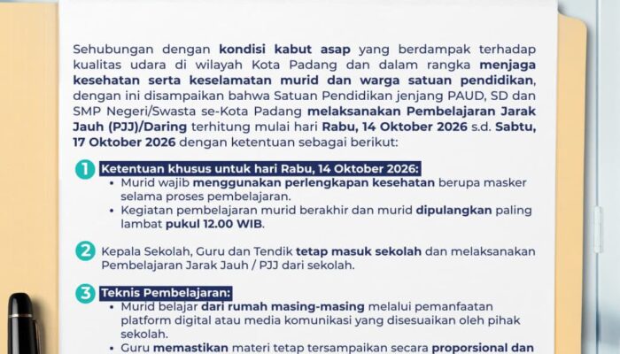 Kabut Asap Memburuk, Disdikbud Padang Terapkan PJJ hingga 17 Oktober