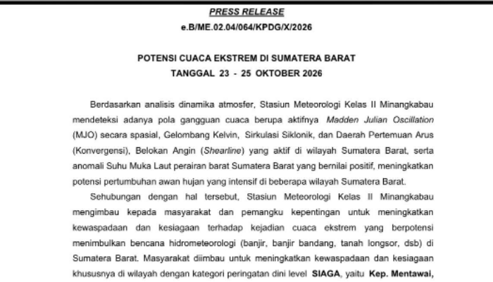 BMKG Keluarkan Peringatan Cuaca Ekstrem di Sumbar, Delapan Daerah Berstatus Siaga
